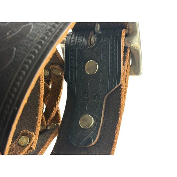 Hollywood Trading Co HTC Brown Leather Belt Studded Tooled Silver Buckle Size 34 - Picture 6 of 11